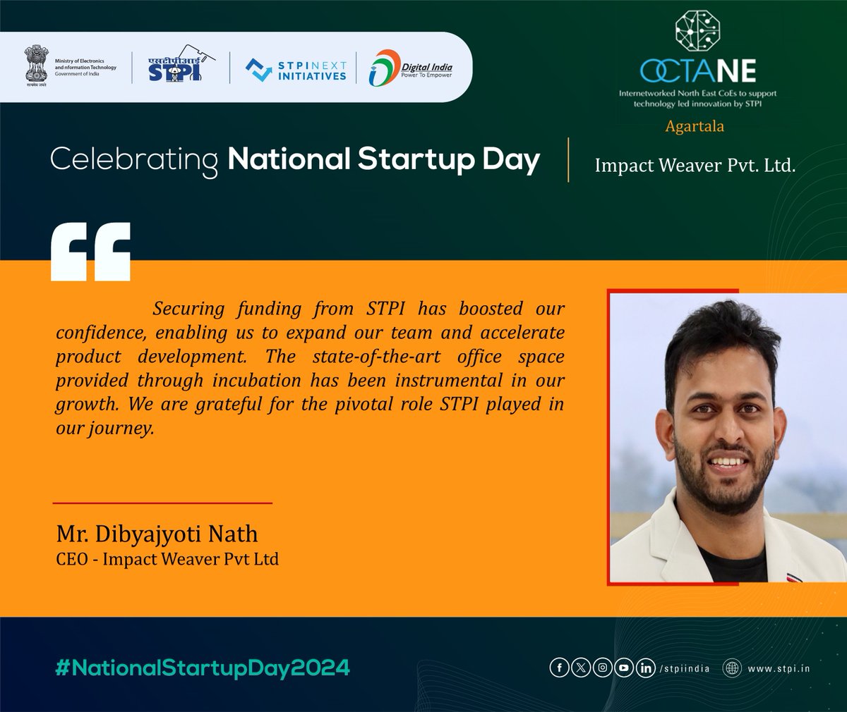 Celebrating the success of #OctaNE CoE #Startup on the occasion of National Startup Day! #NationalStartupDay2024 #TheNextWave #STPIStartupEcosystem

@Rajeev_GoI
@GoI_MeitY
@arvindtw
@Vandana030870
@kalyan_2000