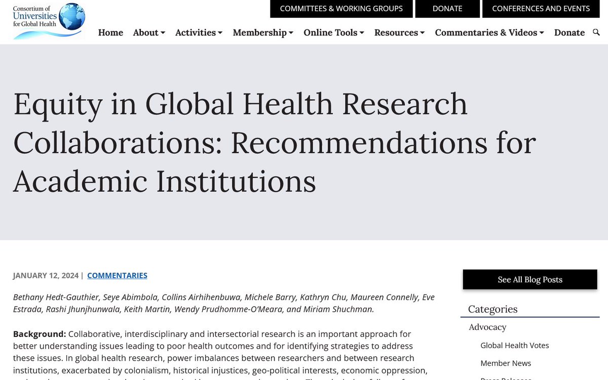 **Equity in Global Health Research Collaborations: Recommendations for Academic Institutions** First endorsed recommendation statement by @CUGHnews. Offers concrete suggestions to align institutional policies with more equitable partnerships by... 1/4 cugh.org/blog/equity-in…