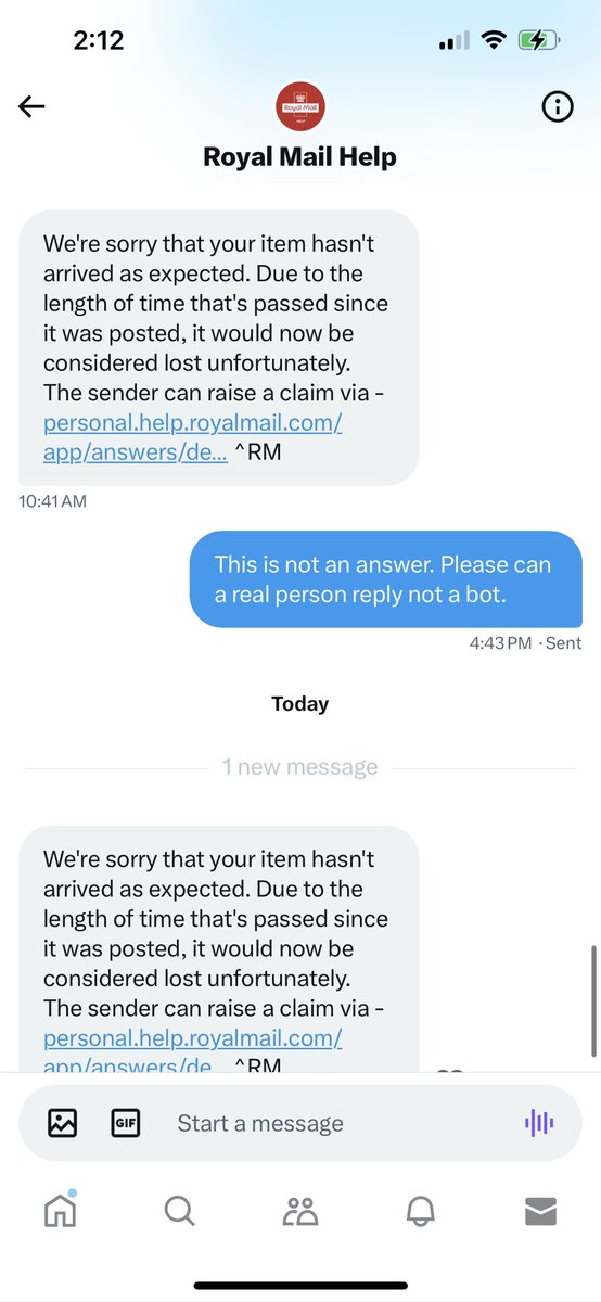 Why is it so hard to get a person <a href="/RoyalMailHelp/">Royal Mail Help</a> to actually help! 
Trying to find a tracked parcel. All I get is a bot response. This is not good enough. It’s a tracked parcel you should be able to track it at any point. Why is there no support from Royal Mail for this