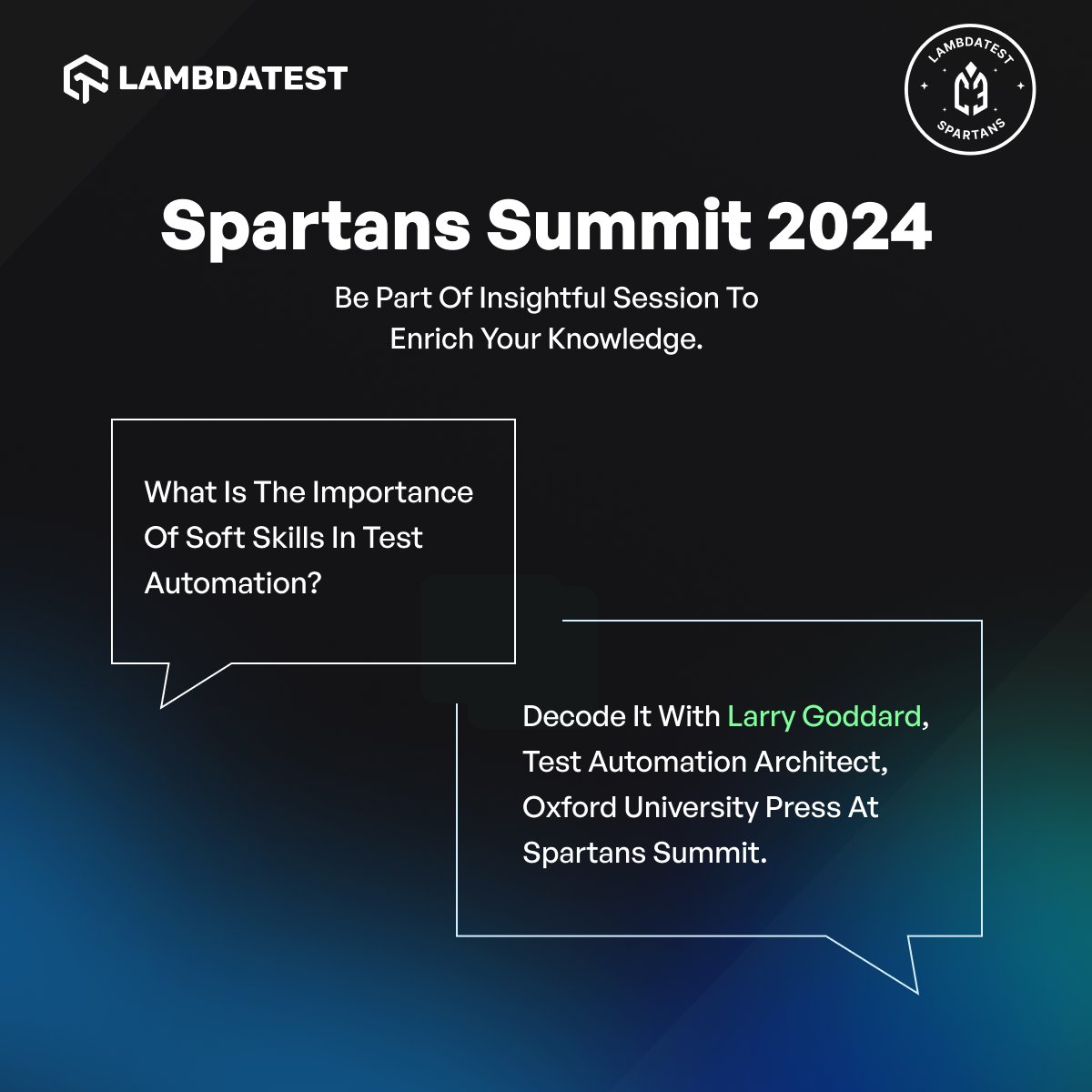 LambdaTest (@lambdatesting) on Twitter photo ๐๏ธSave the date and gear up to enhance your soft skills in Testing!๐
Join <a href="/LarryG_01/">LarryG ๐น๐น๐น๐น๐ฌ๐ง</a>, Test Automation Architect, <a href="/OxUniPress/">Oxford University Press</a>, on 6th Feb at Spartans Summit, ๐bit.ly/LambdaTestSparโฆ, and gain insights into the pivotal role of soft skills in empowering testers to collaborate ๐๏ธSave the date and gear up to enhance your soft skills in Testing!๐
Join <a href="/LarryG_01/">LarryG ๐น๐น๐น๐น๐ฌ๐ง</a>, Test Automation Architect, <a href="/OxUniPress/">Oxford University Press</a>, on 6th Feb at Spartans Summit, ๐bit.ly/LambdaTestSparโฆ, and gain insights into the pivotal role of soft skills in empowering testers to collaborate