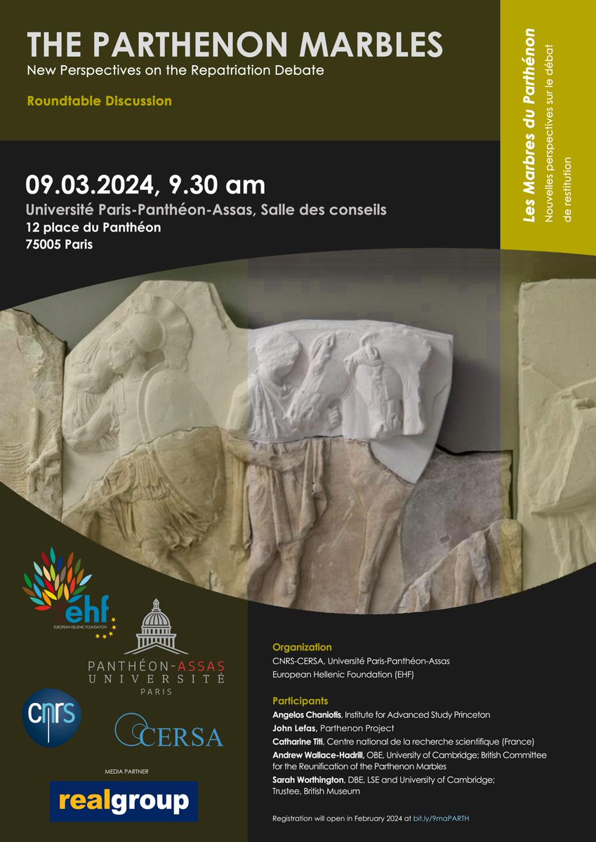 Pleased to share the poster of 'The Parthenon Marbles' Roundtable Discussion I am co-organising with the European Hellenic Foundation (EHF). #ParthenonMarbles #ParthenonSculptures #Repatriation @CERSA_CNRS @BCRPM