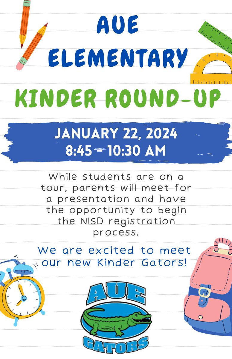 Aue Elementary (@nisdaue) on Twitter photo Rounding Up all of our New Aue Gators! Come join us on Monday, Jan. 22nd from 8:45-10:30 AM to learn all about Kindergarten, explore our classrooms and register!!Fun activities are planned for the our new Gators!๐๐๐๐<a href="/SilberschlagU/">Ursula Silberschlag</a> <a href="/KimberlyTwedt/">Kimberly Twedt</a> <a href="/Aggiejen2002/">Jennifer Nielsen</a> Rounding Up all of our New Aue Gators! Come join us on Monday, Jan. 22nd from 8:45-10:30 AM to learn all about Kindergarten, explore our classrooms and register!!Fun activities are planned for the our new Gators!๐๐๐๐<a href="/SilberschlagU/">Ursula Silberschlag</a> <a href="/KimberlyTwedt/">Kimberly Twedt</a> <a href="/Aggiejen2002/">Jennifer Nielsen</a>