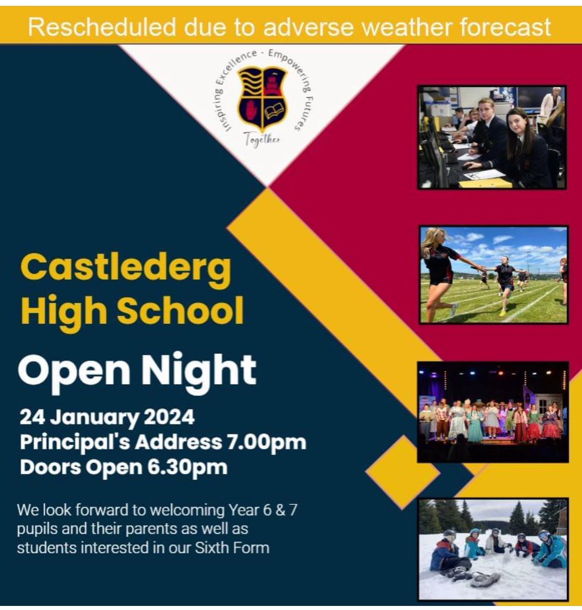 TransferTutorHQ's tweet image. Castlederg High School rescheduled due to adverse weather warning and not happening tonight. Please share.
