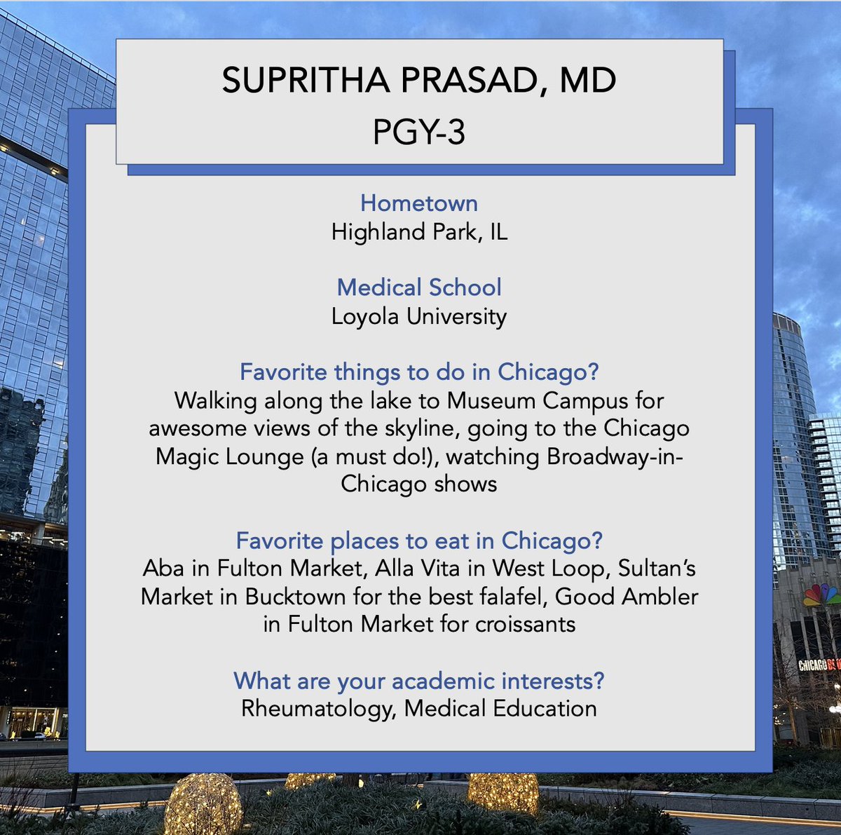 Joining us from Highland Park, IL today's resident spotlight: Supritha Prasad! #GoFlames #UICIM