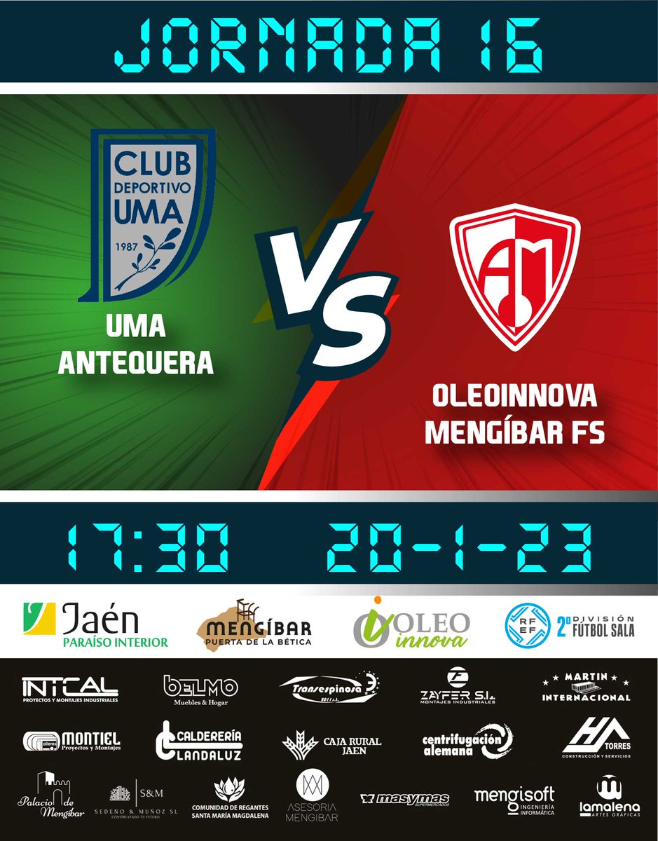 Este sábado visitamos Antequera para disputar el derbi andaluz ante el líder que dará inicio a la segunda vuelta de la temporada. Desde ya, ¡a por todas!

@UMAAntequera Vs <a href="/Mengibar_FS/">Oleoinnova Mengíbar FS</a>
🗓️ Sábado 20 de enero
🕐 17:30 horas
🏟️ P. Fernando Argüelles

#futsalRFEF #SegundaDivisionFS