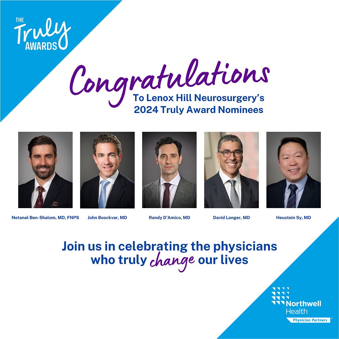 We are proud to share five of our physicians have been nominated for @NorthwellHealth’s 2024 Truly Awards! 🎉 Congratulations to Dr. Netanel Ben-Shalom, @johnboockvar, @RandyDAmico_MD, @drdavidlanger, and @heustein on being recognized for providing truly exceptional care.👏💜