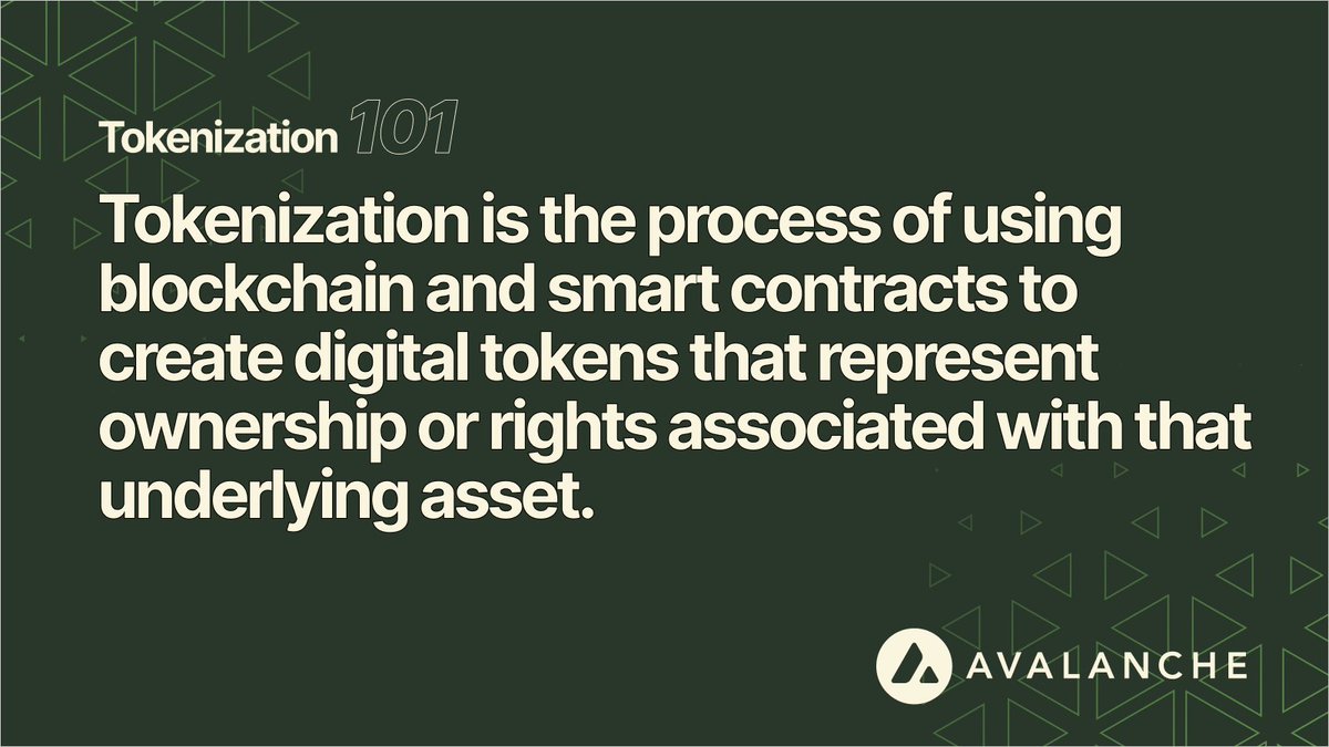avax's tweet photo. Kicking off the next phase of Tokenization 101! 

This series aims to educate the community about the expansive world of tokenizing off-chain assets, and what’s already being built on Avalanche.

Through a collection of articles, videos, Spaces, threads, webinars and educational graphics, this series will cover all things tokenization, what it means, why it matters, and how to participate. 

Starting things off, let’s quickly recap the definition of tokenization 👇