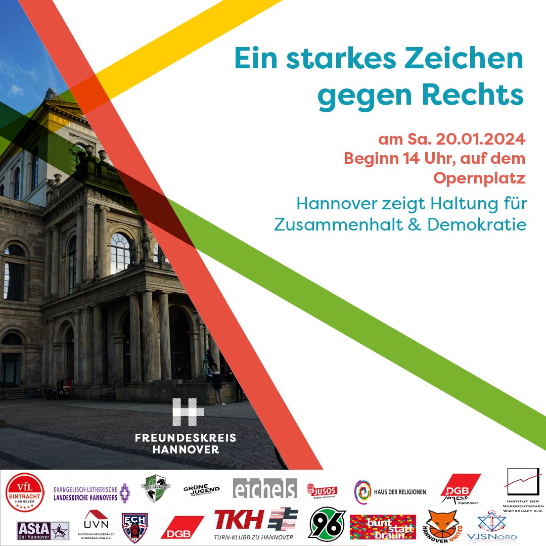 Ein breites Bündnis gegen Rechts! Kommt alle am Samstag, 20.01. ab 14 Uhr auf den Opernplatz in #Hannover! Lasst uns zeigen, dass die #RegionHannover stabil gegen rechts ist!
