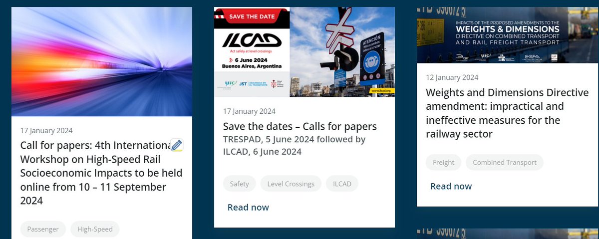 Please find the latest UIC eNews articles on the 4th International Workshop on High-Speed Rail Socioeconomic Impacts, the 16th edition of ILCAD and the 3rd edition of TRESPAD, and the Weights and Dimensions Directive amendment. uic.org/com/enews/