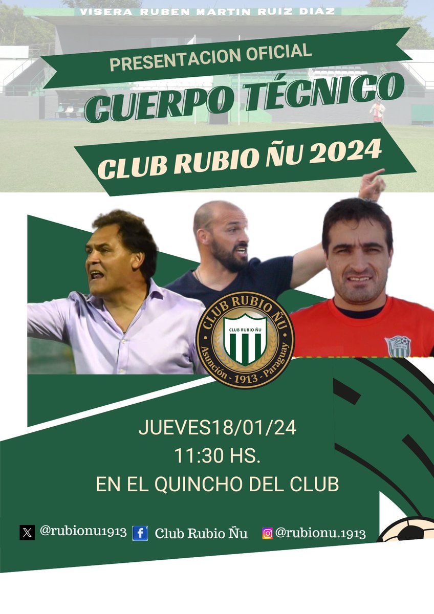 rubionu1913's tweet photo. ES OFICIAL:Ex mundialistas, al frente del plantel principal del Club Rubio Ñu, Celso R. Ayala, Carlos H. Paredes y Roberto M. Acuña, la presentación será este jueves donde el Pdte. de la institución, Ruben Martín Ruiz Diaz, brindará todos los detalles de este nuevo proyecto. https://t.co/r7fgDxMKla