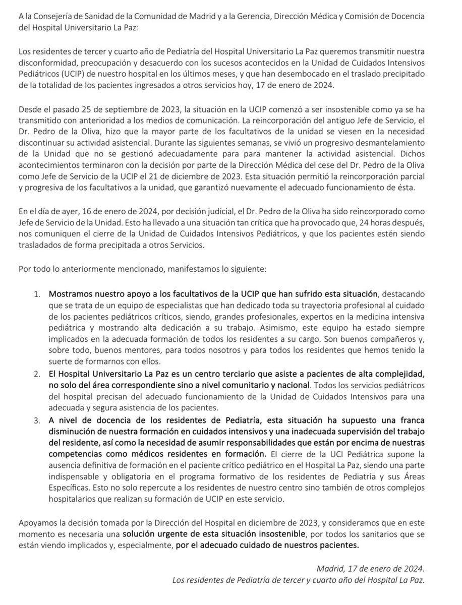 🚨Comunicado oficial de los Residentes de Pediatría de tercer y cuarto año del Hospital Universitario La Paz tras el cierre de la UCI pediátrica de nuestro centro 🚨