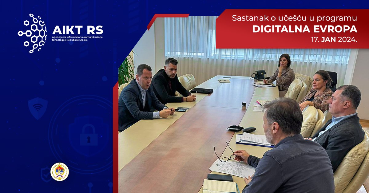 Šef kabineta direktora Agencije za informaciono-komunikacione tehnologije Republike Srpske, Duško Barić, je prisustvovao sastanku sa nadležnim institucijama iz Republike Srpske na temu učešća Srpske u programu #DigitalnaEvropa 🤝

Više na ➡️ bit.ly/AIKT_RS