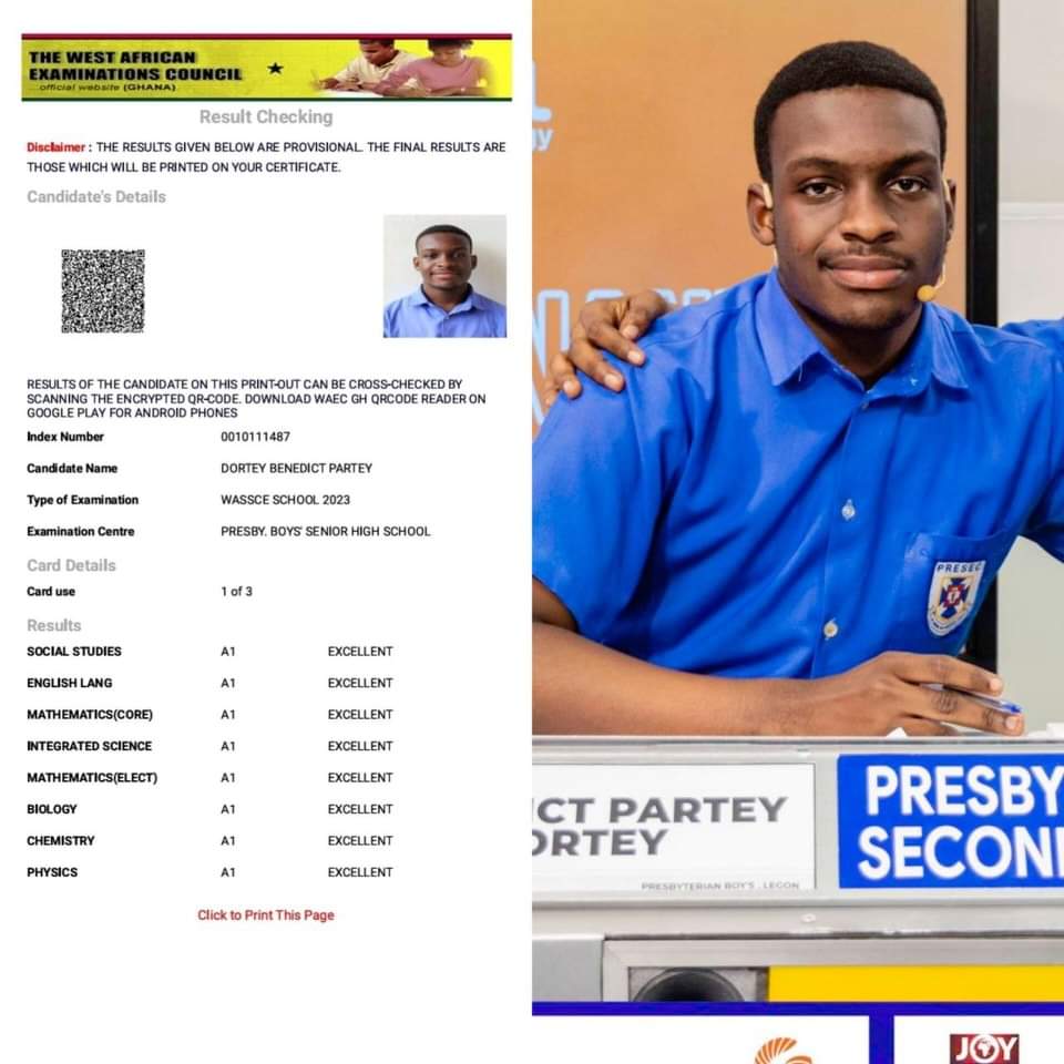 Benedict Partey Dortey, a finalist from PRESEC who emerged victorious in the 2023 NSMQ, achieves straight 8As in his WASSCE results and secures admission to the University of Ghana Medical School.

Photo by @NSMQGhana (X)

#TGNGhanaOnline