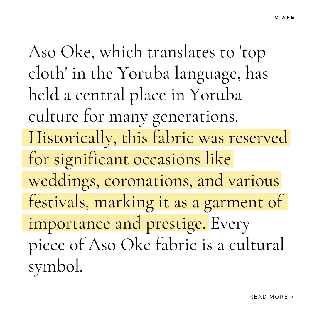 CiafeOrg's tweet photo. The Aso Oke is a handcrafted textile originating from the Yoruba people in southwestern Nigeria. It is a fabric that marks important life events such as weddings and remains a source of pride for the Yoruba people, representing their rich cultural heritage. https://t.co/aLeM2CBXCd