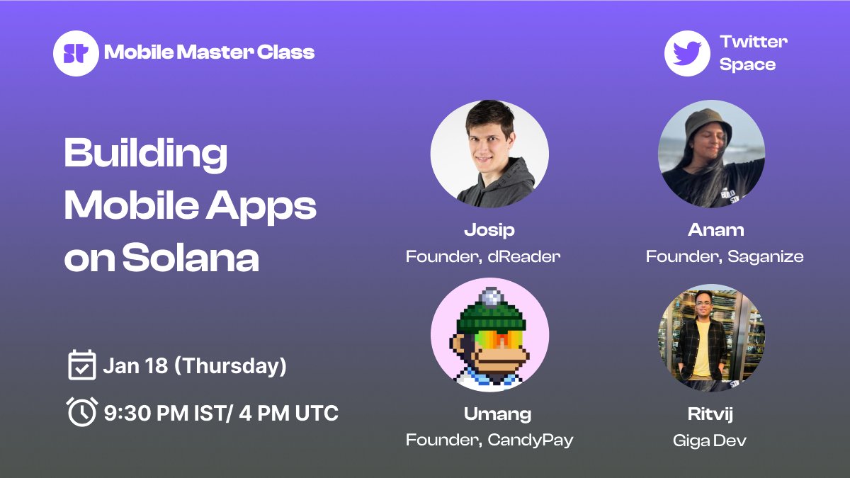 Twitter Space Alert 🎙️

We're hosting a Master Class on how you can start building mobile apps on Solana.

Tune in to hear directly from Superteam members who've been there, done that -- and ask them all your Qns.

⏰ 930pm IST, Thursday 18th Jan

Set your reminders below 👇