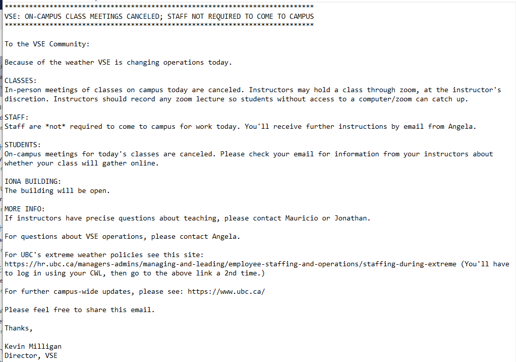 **** VSE: ON-CAMPUS CLASS MEETINGS CANCELED; STAFF NOT REQUIRED TO COME TO CAMPUS **** Please see the attached screencap for more detail.