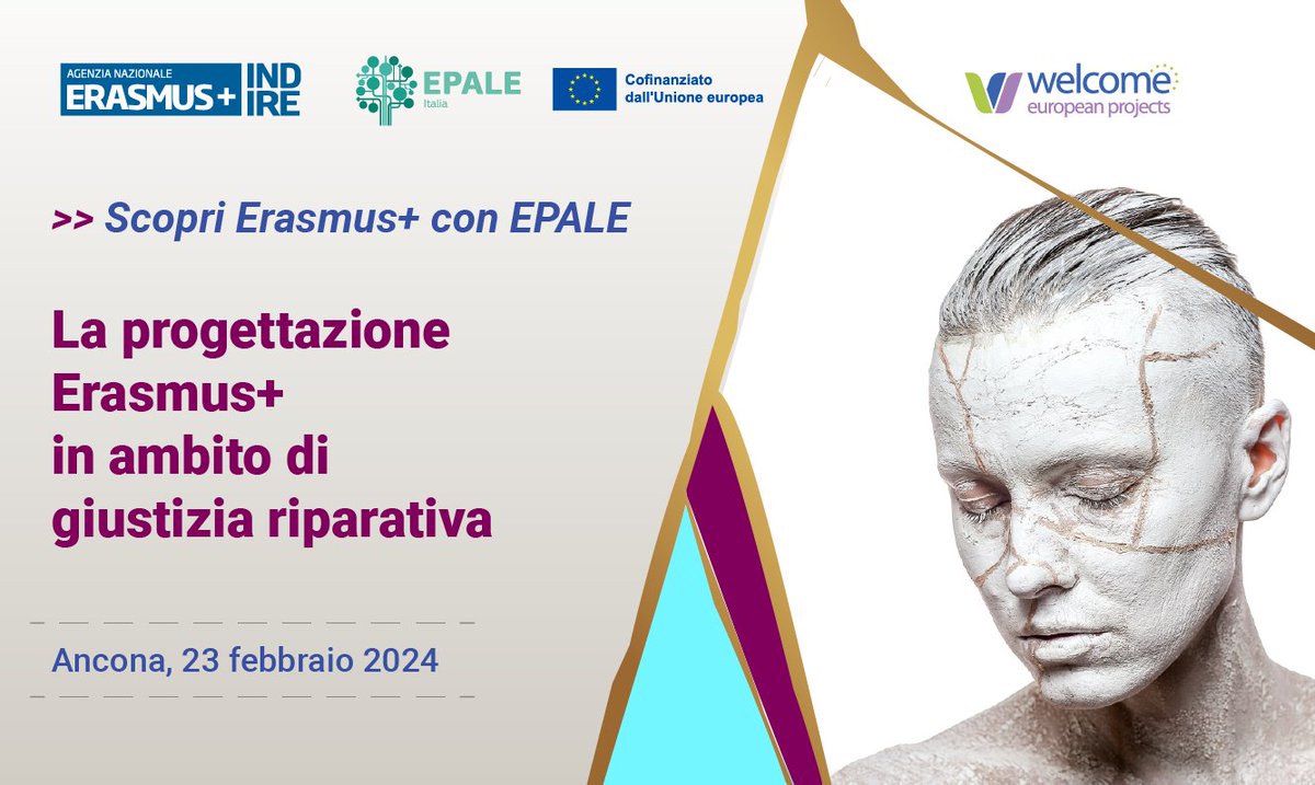 EPALE_IT's tweet image. Seminario EPALE "La progettazione Erasmus+ in ambito giustizia riparativa" .
Idee, esperienze, progettualità per un nuovo approccio alla giustizia. 
📌Ancona, Teatro Muse - 23 febbraio 2024

Aperte le iscrizioni
👉 tinyurl.com/GiusRiparativa

#erasmuplus #justice #adulted #wecomeaps