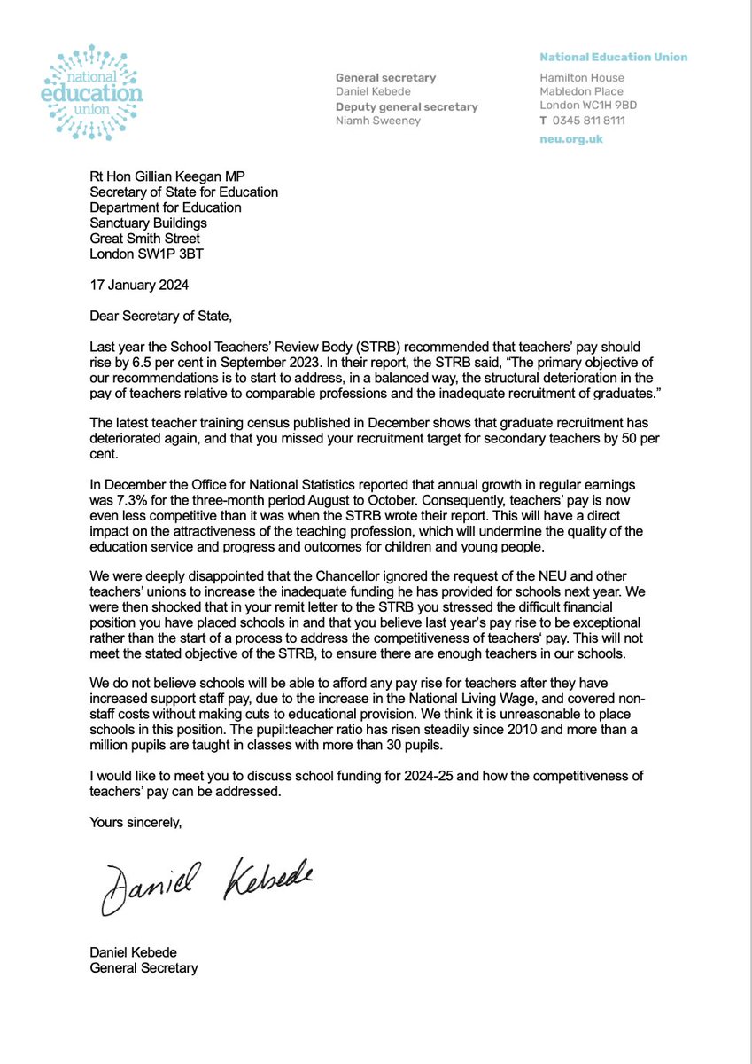 National Education Union (@neunion) on Twitter photo <a href="/DanielKebedeNEU/">Daniel Kebede</a> has written to Education Secretary <a href="/GillianKeegan/">Gillian Keegan</a> today, calling for urgent talks on teacher pay and funding for schools.
Government looks set to back a paltry 1-2% rise for teachers. This will not address the crisis in our schools.
Read more 👇 <a href="/DanielKebedeNEU/">Daniel Kebede</a> has written to Education Secretary <a href="/GillianKeegan/">Gillian Keegan</a> today, calling for urgent talks on teacher pay and funding for schools.
Government looks set to back a paltry 1-2% rise for teachers. This will not address the crisis in our schools.
Read more 👇