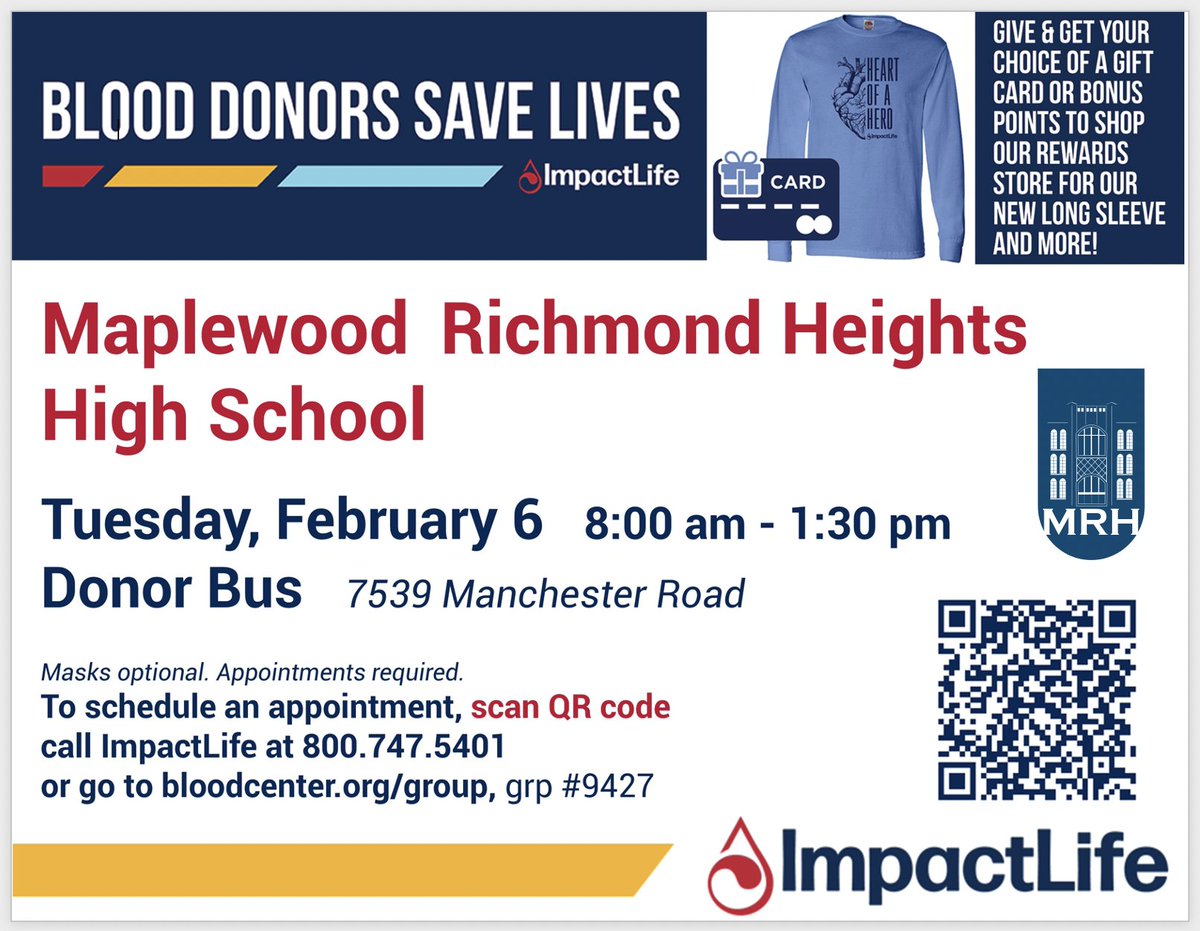MRH_Schools's tweet photo. Masks optional; appointment required. The winter months are notoriously slow for blood collections, so let's step up for ImpactLife and for the MRH National Honor Society! 
#impactlife #mrhblooddrive https://t.co/ua8VcGG0DK
