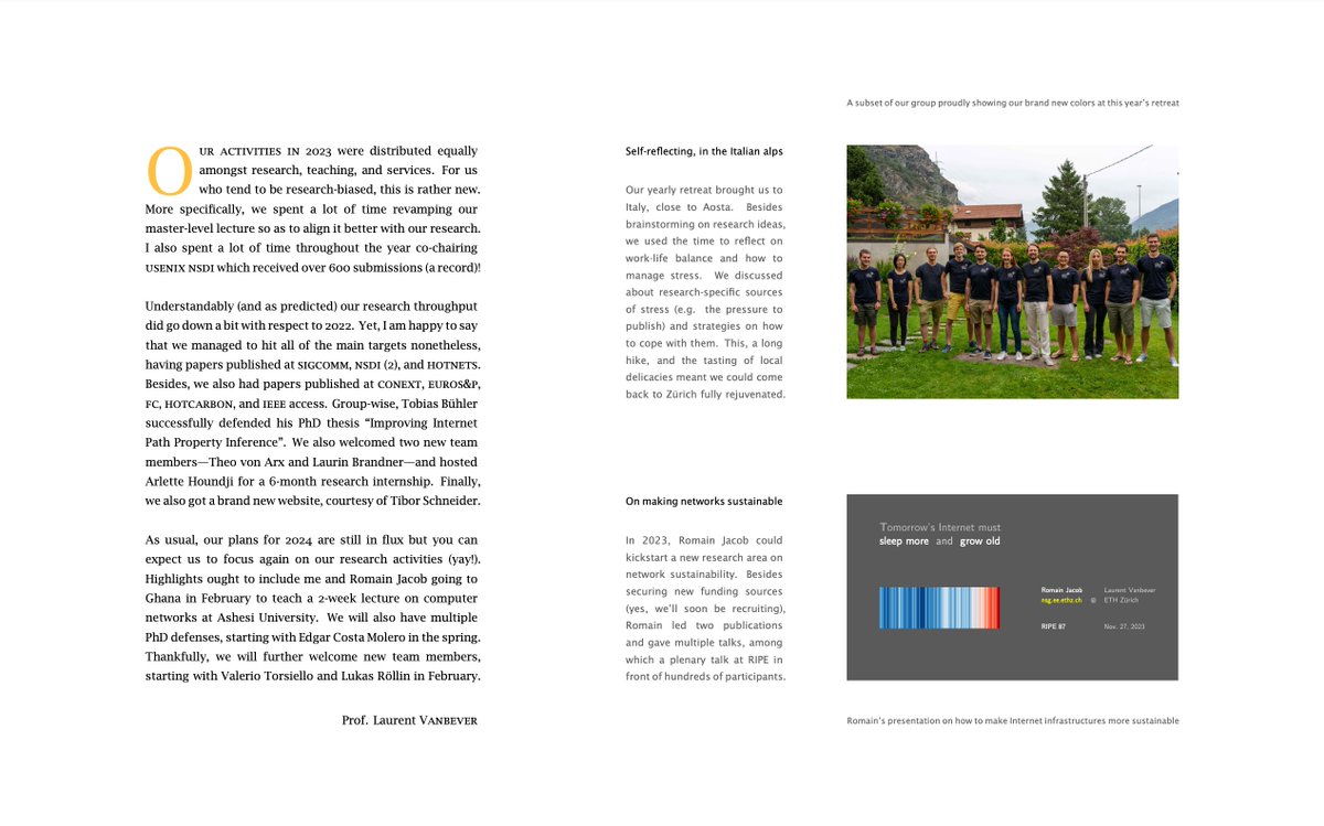 I've not been using social media for a while (I've grown tired of it) but I figured I would still share our '23 activity report. Teaching and services took a big share of our time. Don't mind it but also look forward to go back to "research first" in '24! nsg.ee.ethz.ch/pdf/activity_r…