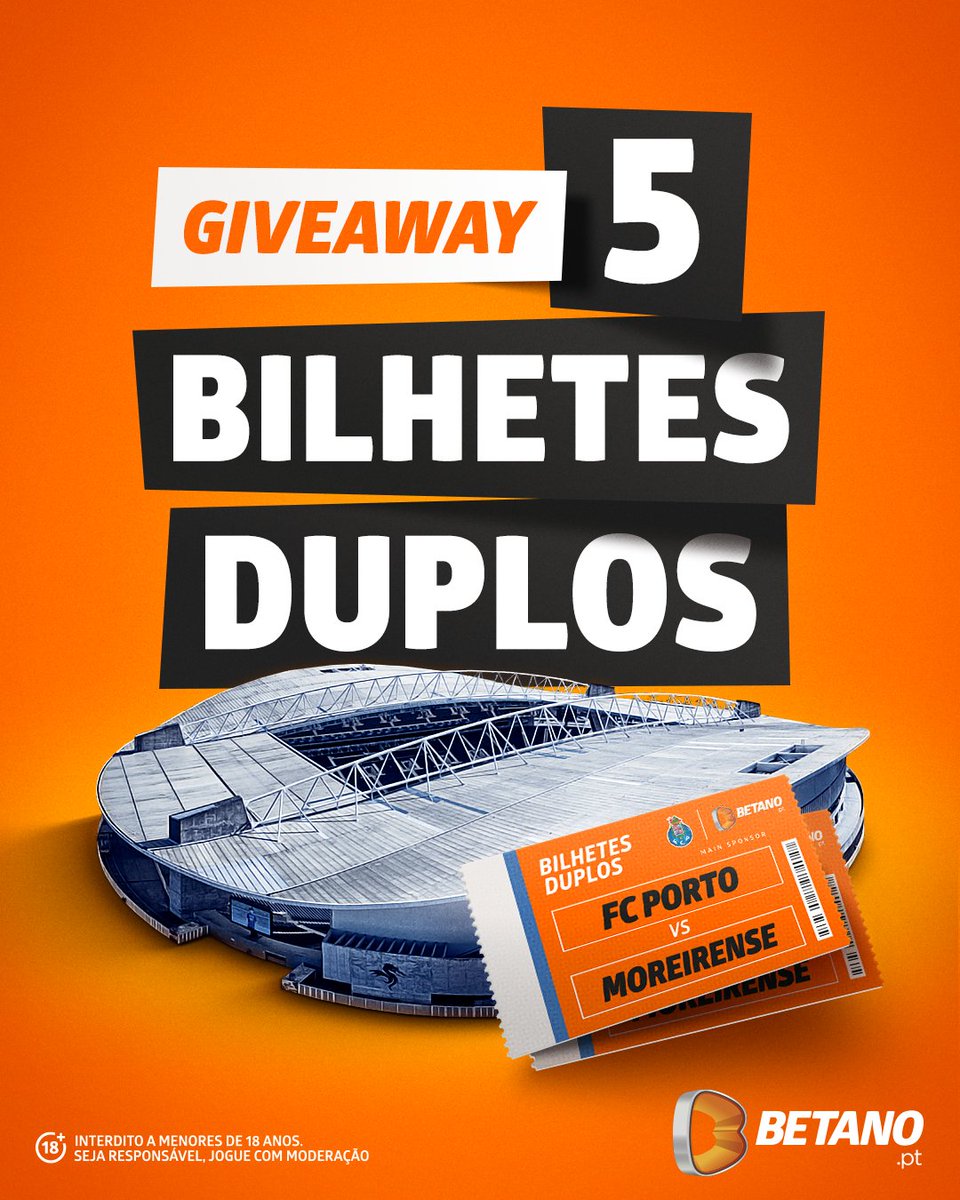 Betano_PT's tweet photo. Temos 5️⃣ bilhetes duplos para o @fcporto x Moreirense!

Para ganhares, só tens de:

➡️ Seguir a @Betano_PT
➡️ Like, RT e marcar 3 amigos

⚠️ Termina dia 19/1 às 14h00. Anunciamos os vencedores até às 15h00. https://t.co/n4j99xmlrV