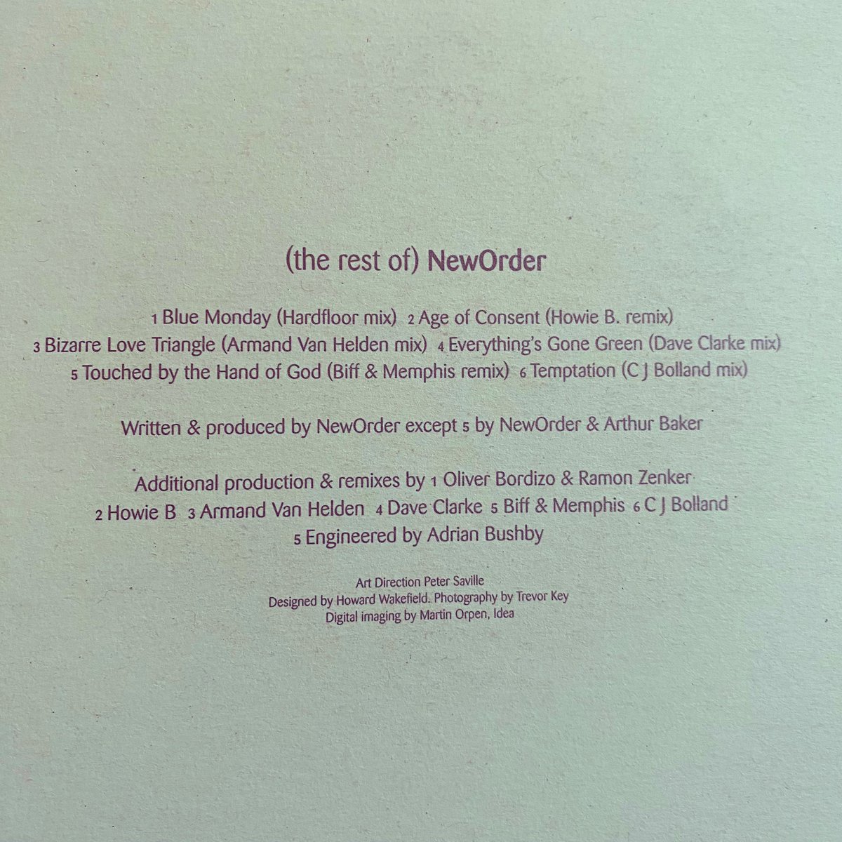 New Order - The Rest Of (New Order). 
Some excellent remixes. Especially the Howie B. remix of ‘Age of Consent’. 
#NewOrder #FactoryRecords #HowieB #JoyDivision #PeterSaville 
open.spotify.com/track/7hHR156t…