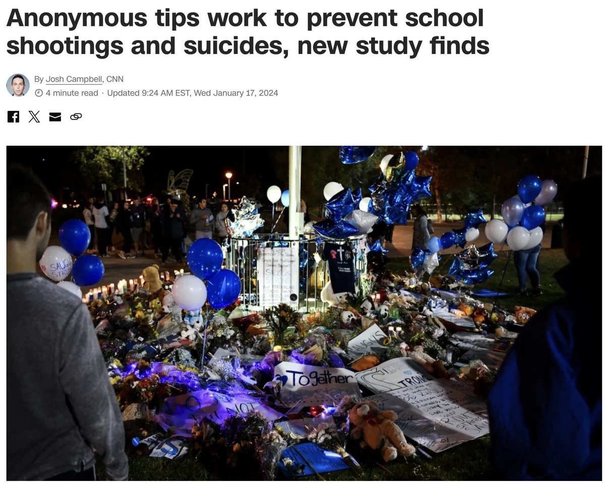 New study out today in @aap_peds shows an effective way to prevent firearm deaths in kids & teens: Anonymous tips via the @sandyhook Say Something Reporting System averted potential firearm suicides, gun violence, & mass shootings, via @joshscampbell cnn.com/2024/01/17/hea…