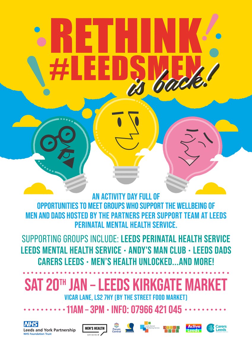 It's NHS Leeds' Perinatal Mental Health Service's activity day full of opportunities to meet groups who support men and dads' wellbeing.💙

Bring your kids there’s a play space! 😊

🗓️Sat 20 Jan 2024
📍Leeds Kirkgate Market near the Food Hall

#rethinkmen
#leedsmen