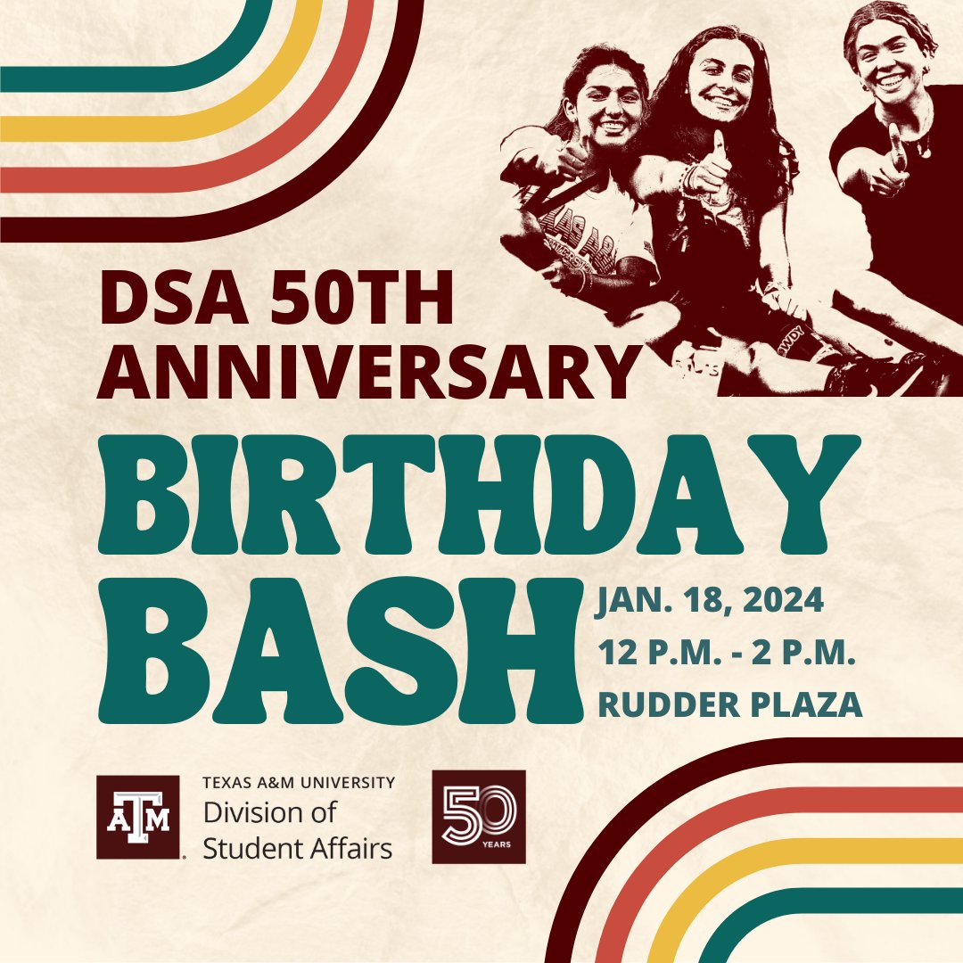 Texas A&M University Division of Student Affairs (@tamudsa) on Twitter photo Looking for a fun way to kick off the spring semester? Join us in Rudder Plaza TOMORROW from 12 to 2 p.m. for our 50th Birthday Bash! There will be cupcakes, hot chocolate and swag, plus special appearances by @tamuyell and <a href="/reveille/">Reveille X</a>! Looking for a fun way to kick off the spring semester? Join us in Rudder Plaza TOMORROW from 12 to 2 p.m. for our 50th Birthday Bash! There will be cupcakes, hot chocolate and swag, plus special appearances by @tamuyell and <a href="/reveille/">Reveille X</a>!