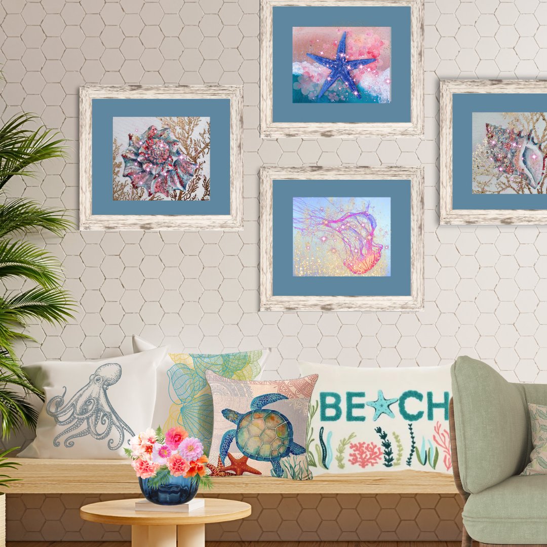Beach, please! 🏖️🐠🦑🐬 Transform a sparse reading nook into a coastal oasis with cozy pillows and our Barnwood White frames.