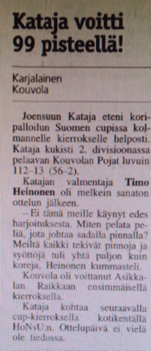ettanmassi's tweet image. Tulevan viikonlopun #SuomenCup Final4-turnauksen alle juttu @KatajaBasket'in kohtuu isosta voitosta 23.8.2000 vs KouPo. Löytyy @KarjalainenFi arkistosta. #Koris