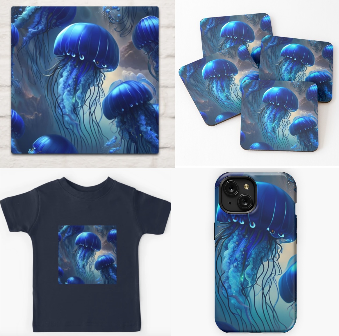 <Blue #Jellyfish> #AICreation on #KidsTShirt #Coasters #iPhoneCase #ArtPrint on my #Redbubble & #teepublic

redbubble.com/shop/ap/156991…
teepublic.com/tote/56358685-…

#AIart #giftforher #giftforhim #giftforfriends #menclothes #womenclothes #bluedesign #oceanlife  #oceandesign #modernart