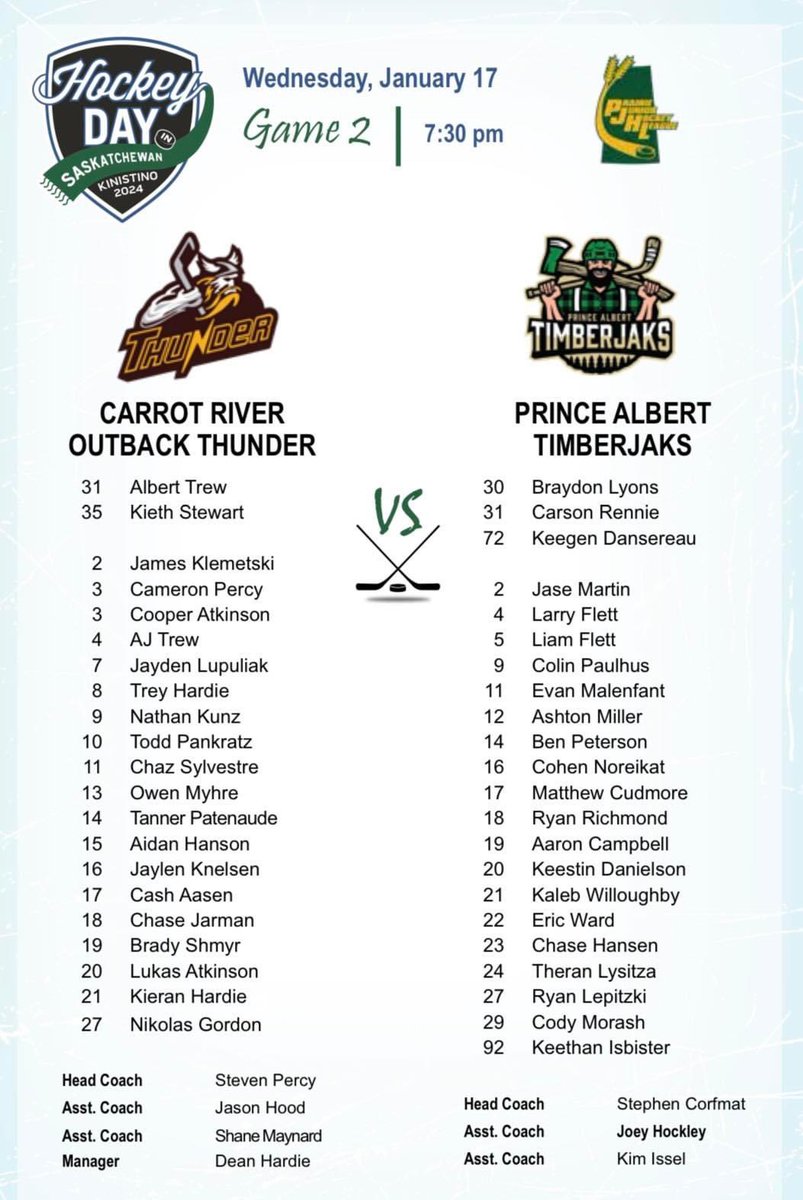 Thunder vs Timberjaks in Kinistino tonight for Hockey Day in Saskatchewan!