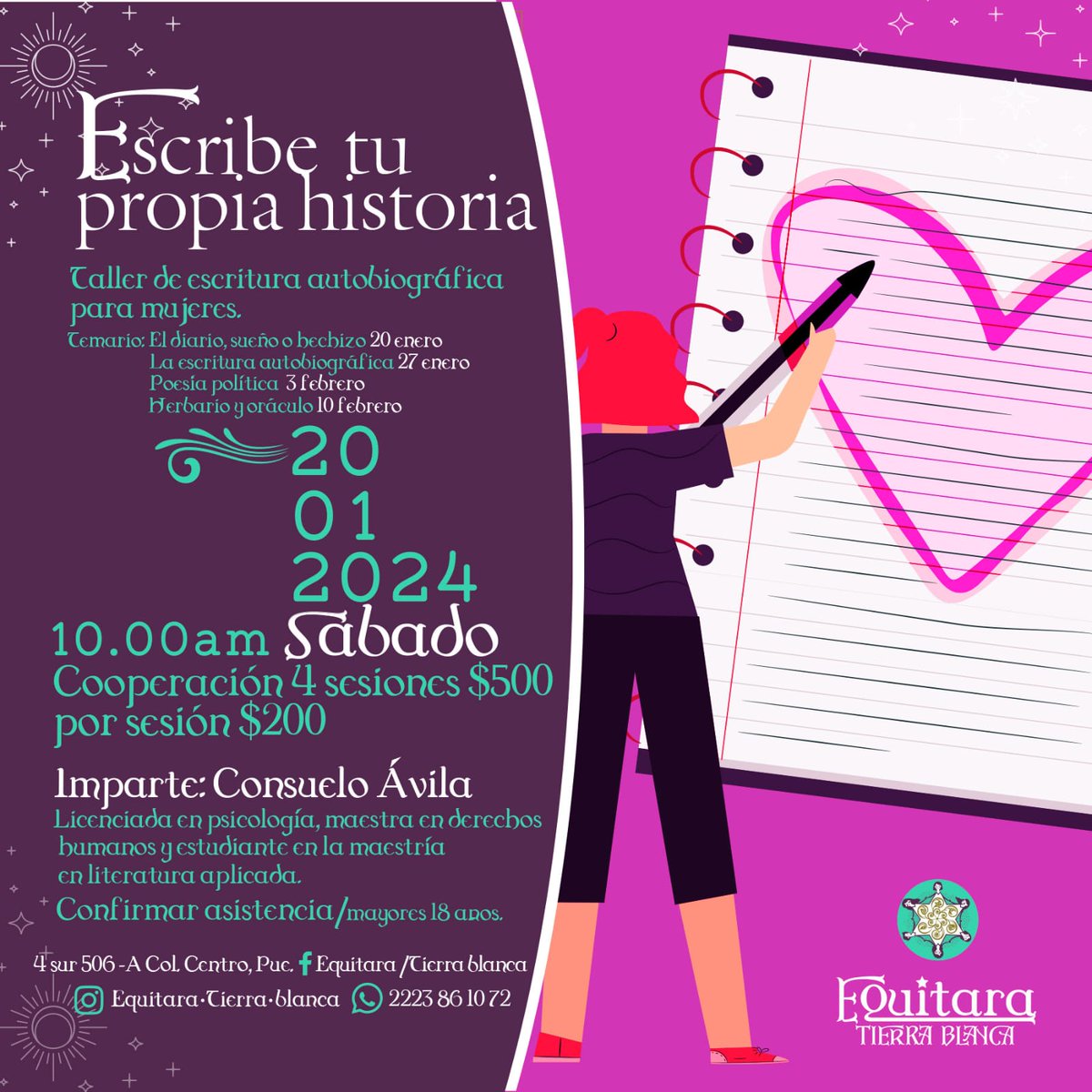 #Equitara nos invita a su taller con 4 sesiones 😱 de "Escribe tu propia historia" ✨
En el taller descubrirás que no se necesita ser famosa para escribir una autobiografía, porque la literatura se encuentra en las pequeñas cosas del día a día.