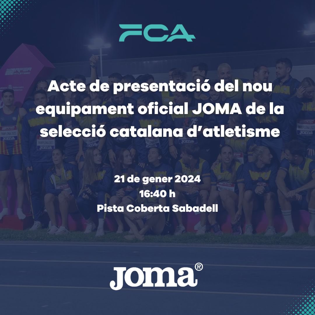 🫡 Aquest diumenge fem la presentació del nou equipament oficial <a href="/JomaSport/">Joma Sport</a> de la selecció catalana d’atletisme.

🏟 Serà just abans de l’inici de la jornada de tarda del Campionat de Catalunya absolut i sub 23 a Sabadell.

🤝 T’hi esperem! 👍