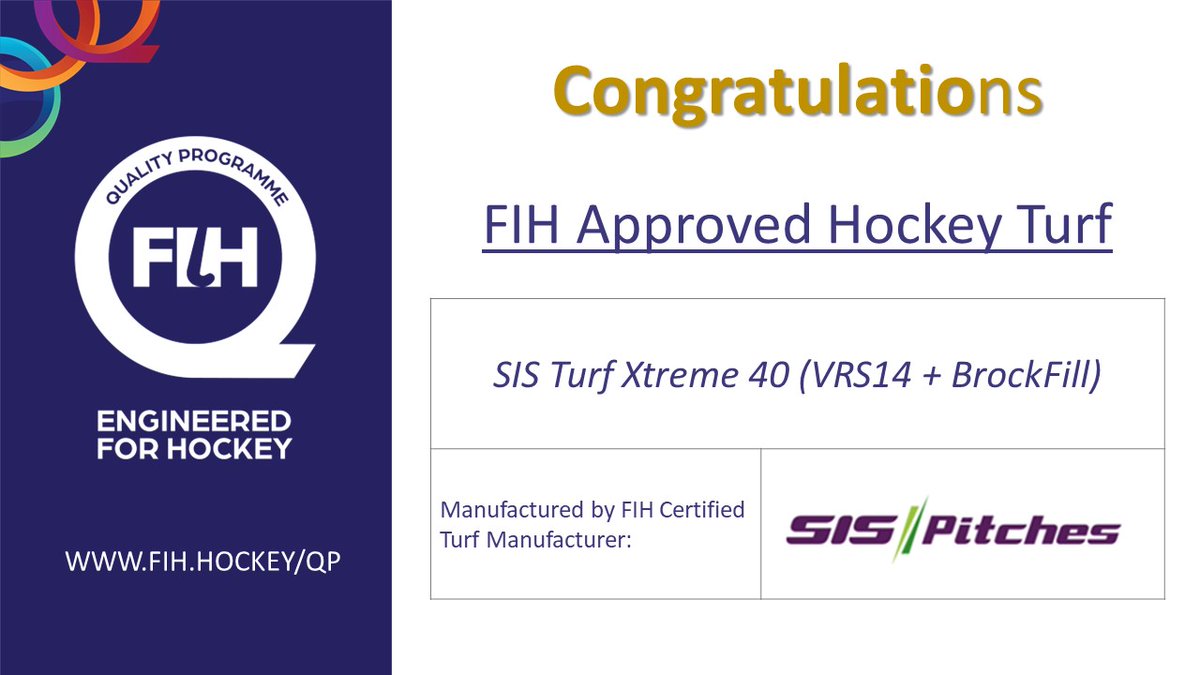 Congratulations @SISPitches, 'SIS Turf Xtreme 40 (VRS14 + BrockFill)', is now an FIH 3G Multi-Sport approved product!