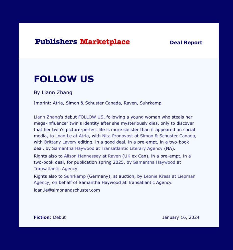 ✨BOOK DEAL ANNOUNCEMENT✨📣📣🐁 . YES! I am so thrilled to finally announce that I have a book deal! My debut novel, FOLLOW US, will be published in spring 2025 at @AtriaBooks @SimonSchusterCA @BloomsburyBooks @suhrkamp Thank you so much for supporting me this far!! ❤️❤️❤️