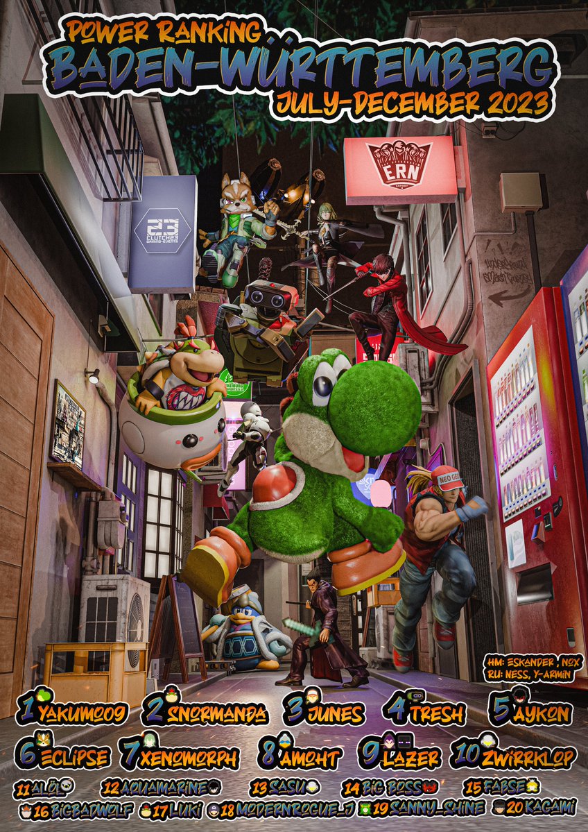 Ich präsentiere das Baden-Württemberg PowerRanking für das zweite Halbjahr 2023!

Danke an <a href="/YakumoSSB/">❄️CGN | Yakumo❄️</a> und <a href="/SsbYou/">2F | Youssef</a> für die Hilfe!

Grafik von <a href="/fjednjunge/">o7 | Fjedn</a> 

Danke an alle Spieler!