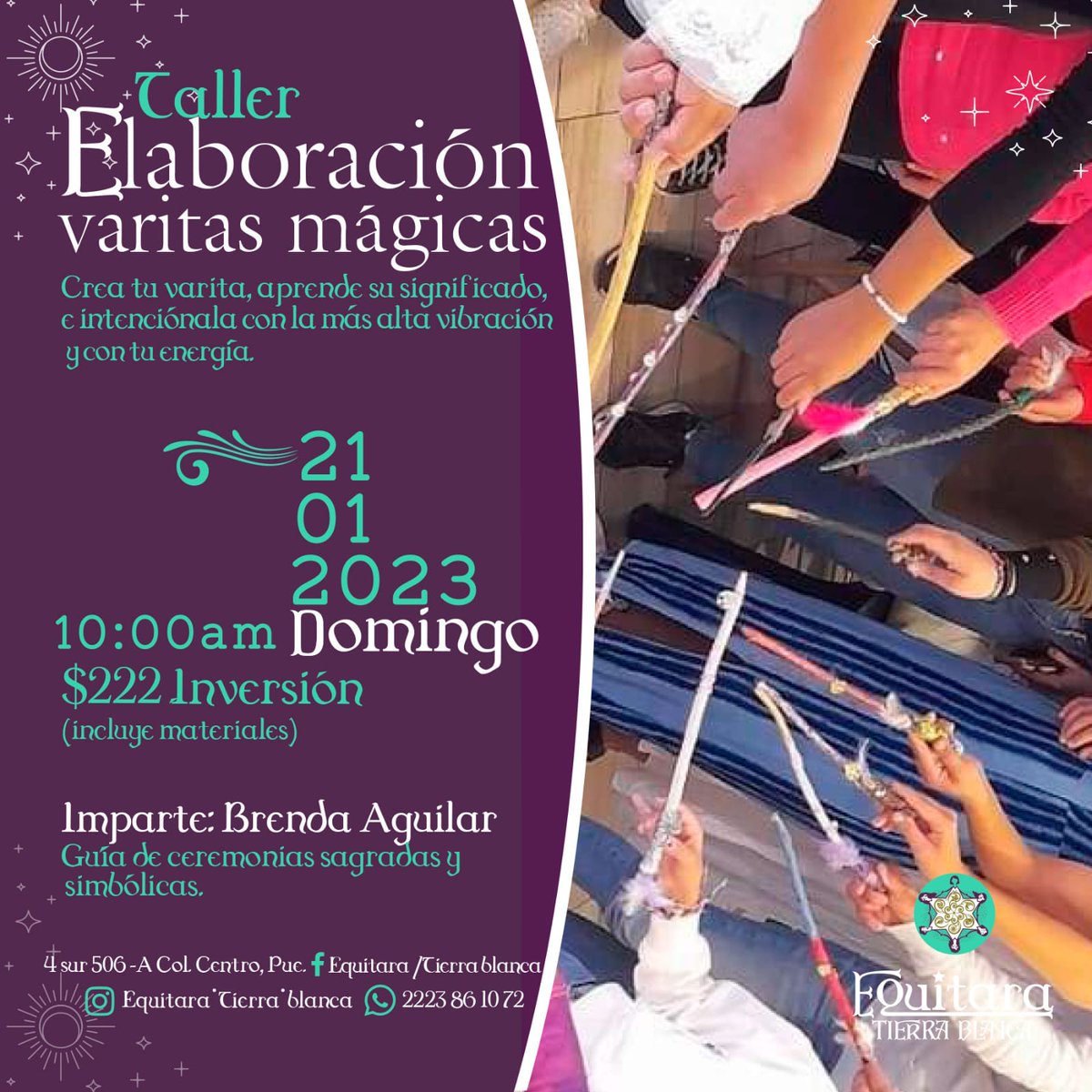 #Equitara también nos extienden la invitación al Taller Varita Mágica 🧙‍♀️
Ven a conectar con tu magia interior y tu creatividad elaborando tu propia varita mágica 
✨ Elabora, pinta y decora tu varita dandole tu propio estilo 
✨ Conoce su significado y usos
Y mucho más ✨