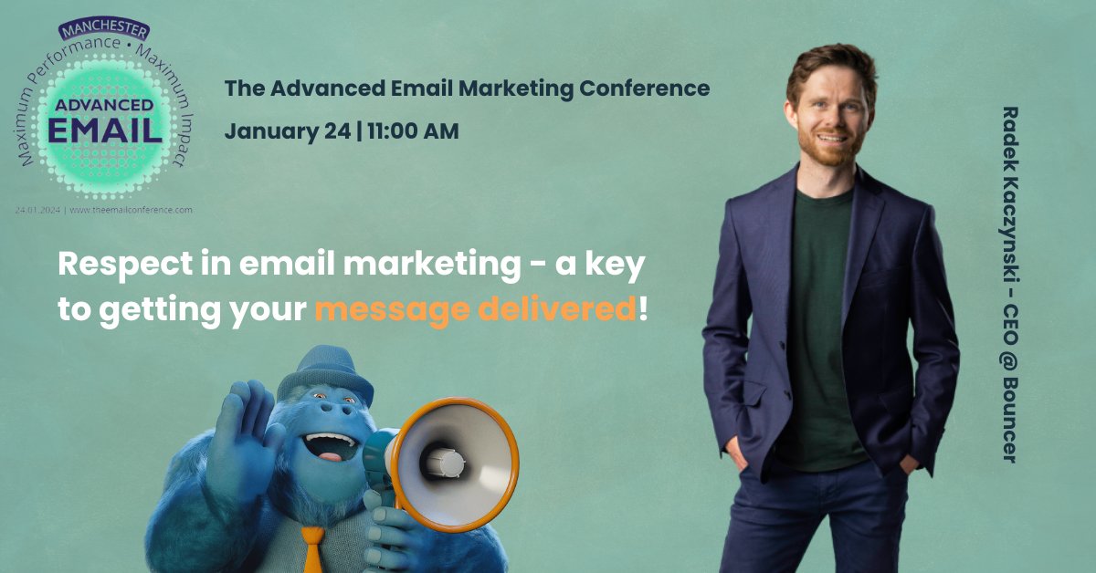 Great news! Radek Kaczynski, founder and CEO of Bouncer, will rock the stage at The Advanced Email Marketing Conference in Manchester on January 24.

We promise a nice chat and, as usual, cool Bouncer goodies.

Hope to see you there! 👉theemailconference.com