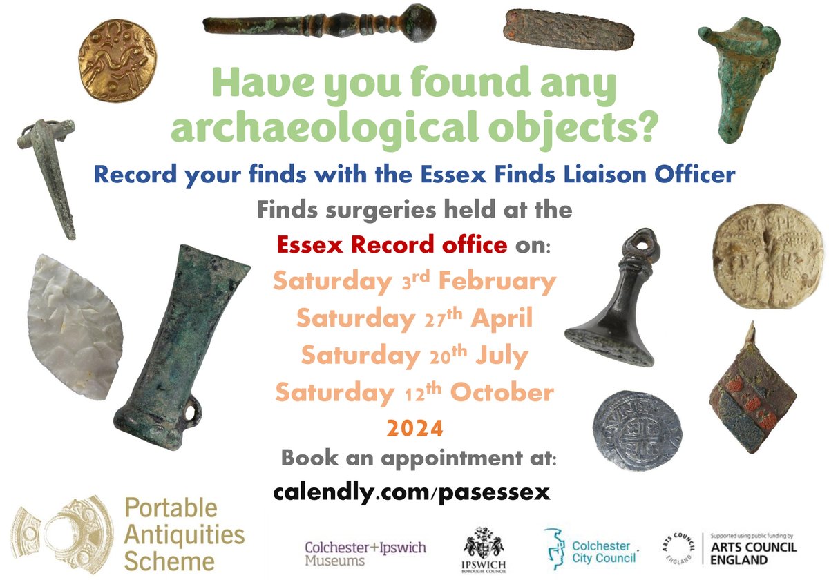 The dates for this year's Chelmsford finds surgeries have now been confirmed. We will be @essexarchive next on Saturday 3rd February. Book an appointment here: calendly.com/pasessex/chelm… #PortableAntiquitiesScheme #RecordYourFinds #MetalDetecting