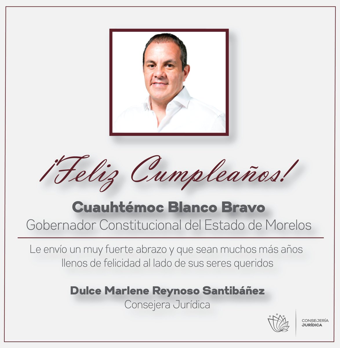 ConsejeriaJM's tweet photo. En este día de su cumpleaños, el equipo que conforma la Consejería Jurídica mandamos una felicitación especial al Gobernador @cuauhtemocb10 https://t.co/hm6E6D0h43