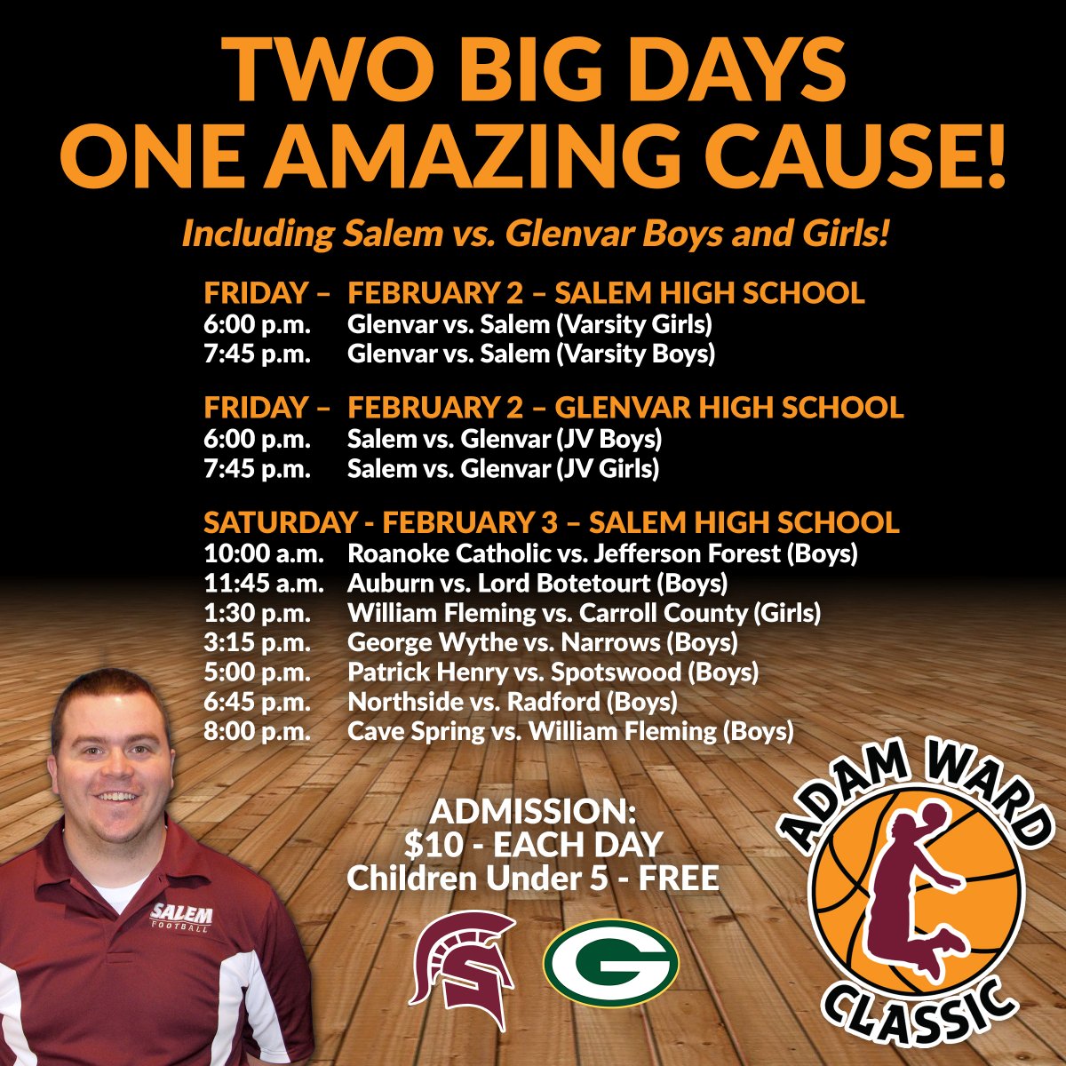 The #AdamWardClassic returns this February with two days of boys and girls high school basketball featuring nine games. Take time to attend and support this worthwhile event.  Get complete info at this link.
salemva.gov/CivicAlerts.as…