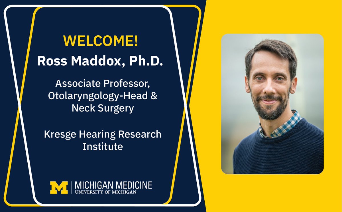 Michigan Otolaryngology (@umichoto) on Twitter photo We're excited to welcome our newest faculty member, Ross Maddox, PhD to our Kresge Hearing Research Institute! Dr. Maddox's research focuses on the human subcortical response to natural sounds and creating tools for improved diagnosis of hearing loss in infants. We're excited to welcome our newest faculty member, Ross Maddox, PhD to our Kresge Hearing Research Institute! Dr. Maddox's research focuses on the human subcortical response to natural sounds and creating tools for improved diagnosis of hearing loss in infants.