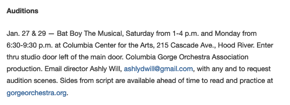 from the pages of <a href="/weeklyworldnews/">WEEKLY WORLD NEWS</a> 

CASTING CALL FOR BAT BOY: THE MUSICAL <a href="/Columbiaarts/">Columbia Arts</a>  via <a href="/gorge_news/">Columbia Gorge News</a> 

columbiagorgenews.com/free_news/what…