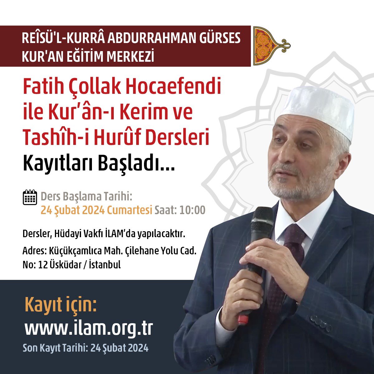 Hüdayi Vakfı Çamlıca Külliyesi'nde Fatih Çollak Hocaefendi ile Kur'ân-ı Kerim ve Tashîh-i Hurûf Dersleri Başlıyor...
Kayıt ve detaylı bilgi için: ilam.org.tr/fatih-collak-h…