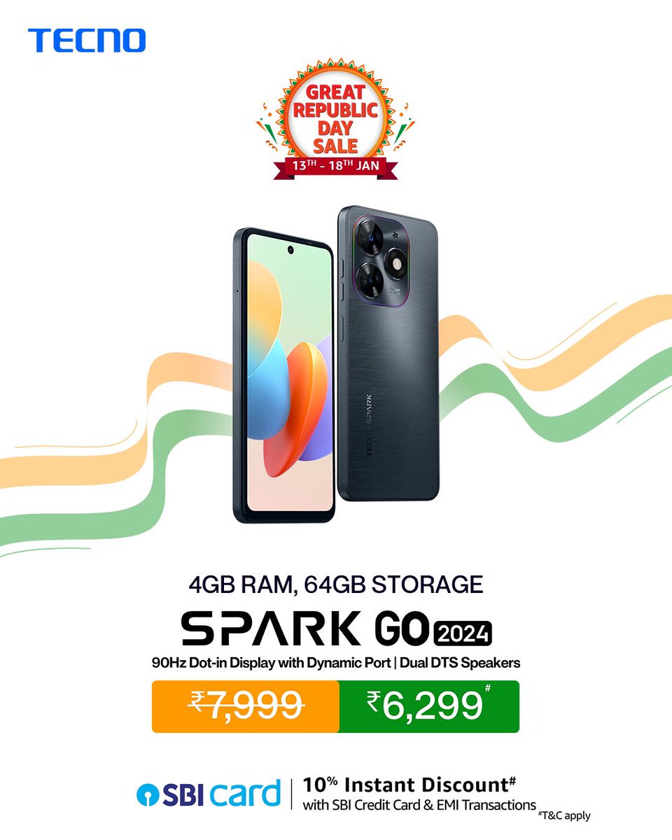 TecnoMobileInd's tweet image. Celebrate the Spark of savings at Great Republic Day Sale ✨

Get #SparkGo2024 starting from ₹6,299* (*Only till 18th Jan).
 
Available exclusively on @amazonIN.
Buy Now: knw.one/RLJw

#TECNO #BharatKaApnaSpark