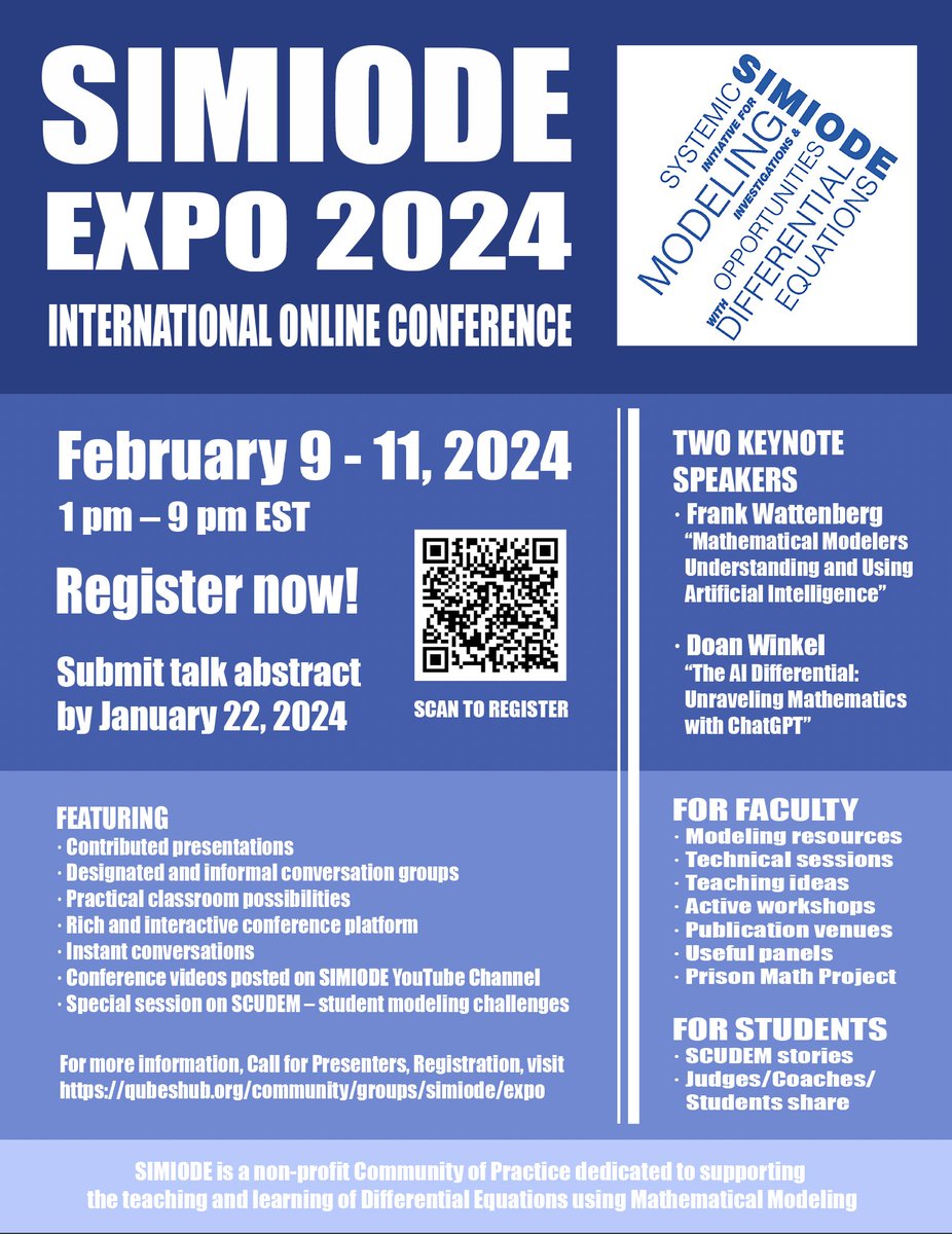 SimiodeOfficial's tweet photo. Registration for SIMIODE EXPO 2024 is open! Submit your abstract by midnight on Jan 22nd
https://t.co/CD76LHXxg3 https://t.co/ndPmyiORsp