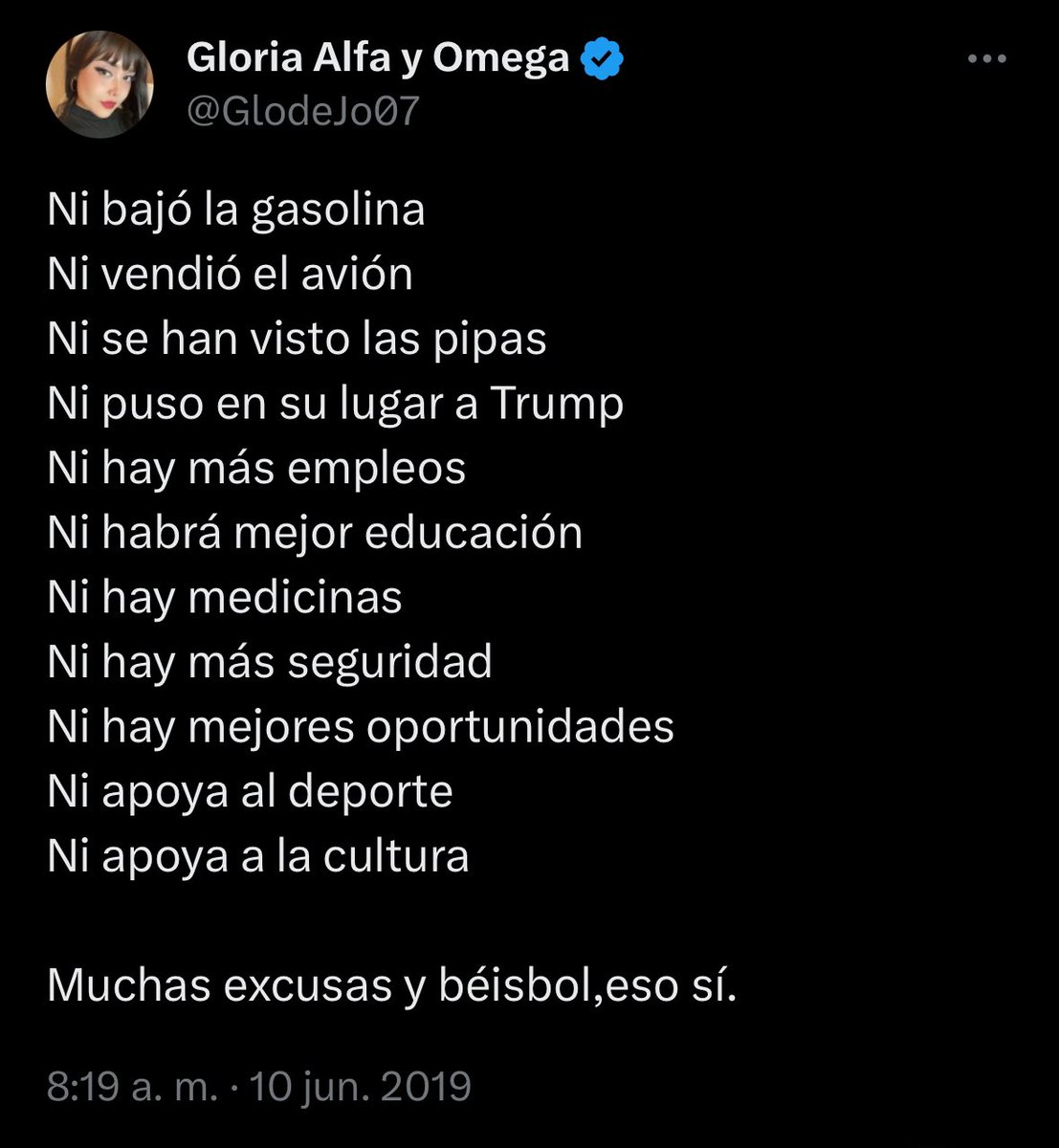A 5 años de este tuit y con el sexenio de AMLO por finalizar puedo decir que:
No bajó la gasolina
No se vieron las pipas 
No puso en su lugar a Trump
No hay más empleo
No hay mejor educación
No hay medicamentos 
No hay seguridad 
No hay mejores oportunidades
No apoya al deporte