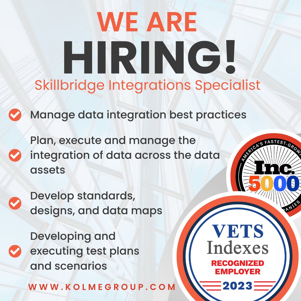 KolmeGroup's tweet image. Be part of our dynamic team as an Integrations Specialist for Kolme Group.

Contact: pulse.ly/sd2qmq8xfw

#kolmegroup #dodskillbridge #militarytransition #transitioningmilitary #careerchange #skillbridge #transitioningservicemembers